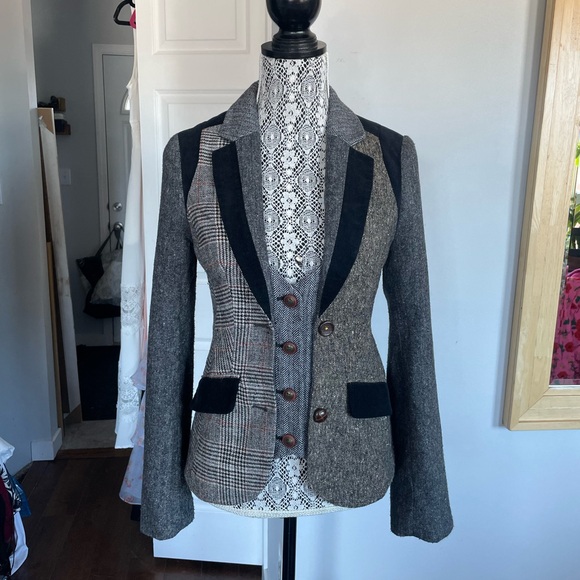 VTG Anthropologie Cartonnier Alma Mater Patchwork Herringbone Blazer Jacket.Sz 2 - Picture 2 of 10